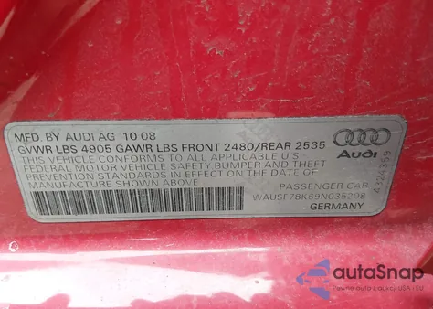 2009 Audi A4 2.0T Premium из США, поврежденный, VIN WAUSF78K69N035208